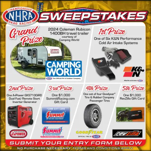 2024 NHRA Sweepstakes – Win A 2024 Or 2025 Keystone Coleman 17B Travel Trailer