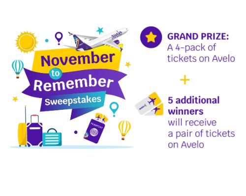 Avelo Airlines November To Remember Sweepstakes  - Win 4 Round Trip Tickets