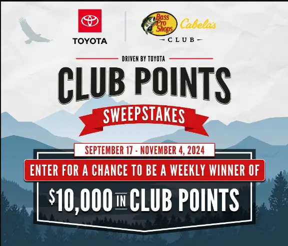 Bass Pro Driven By Toyota 2024 Giveaway – Win $10,000 In CLUB Points or Gift Cards (7 Winners)