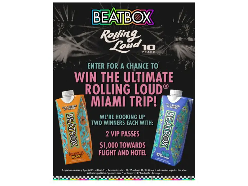 BeatBox Beverages Miami Festival 2024 Sweepstakes - Win Rolling Loud Miami VIP Tickets & $1,000 (2 Winners)