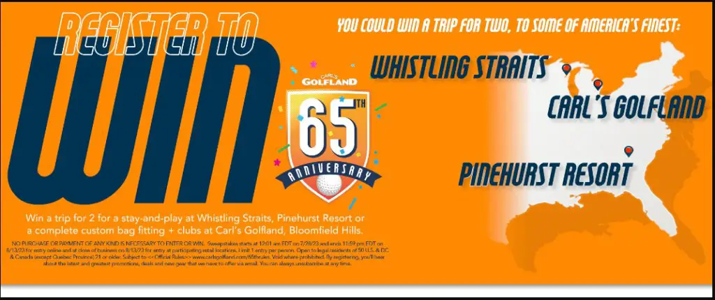 Carl’s Golfland 65th Anniversary Sweepstakes - Win A Golf Trip For 2 (3 Winners)