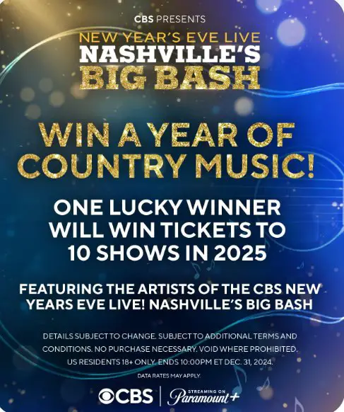 CBS New Year’s Eve Live Sweepstakes – Win 2 Tickets To 10 Concerts In 2025 Featuring Artists Like Chris Stapleton, Kane Brown & More