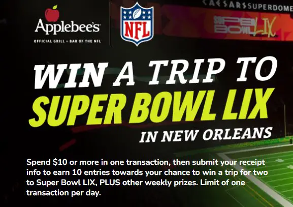 Club Applebee’s Super Bowl LIX Sweepstakes - Win A Trip For 2 To Super Bowl LIX