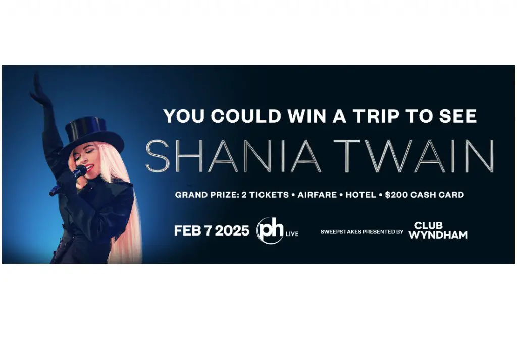 Club Wyndham You're The One Sweepstakes - Win A Trip For 2 To Shania Twain Concert In Las Vegas