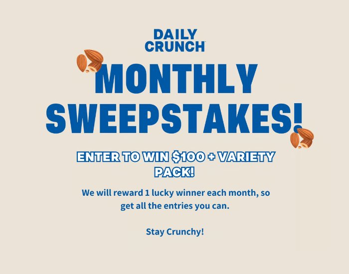 Daily Crunch Monthly Sweepstakes - Win A Six-Pack Daily Crunch Variety Pack & A $100 Gift Card