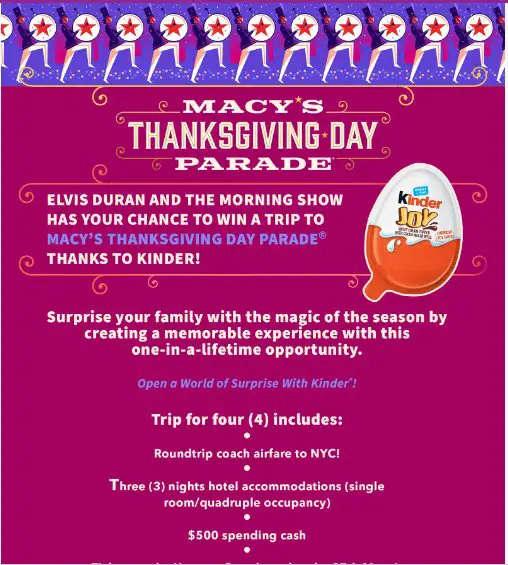 Elvis Duran and the Morning Show’s Thanksgiving Day Parade Sweepstakes – Win A Trip For 4 To The 96th Macy’s Thanksgiving Day Parade