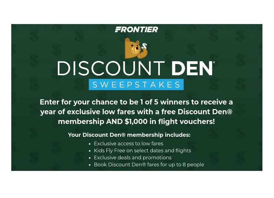 Frontier Airlines Discount Den Sweepstakes - Win A Discount Den Membership & 4 Round Trip Tickets