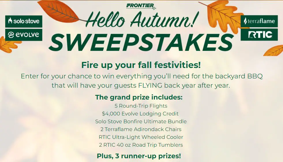 Frontier Hello Autunm Sweepstakes - Win 5 Round-Trip Flights,  $4,000 Lodging Credit  & More