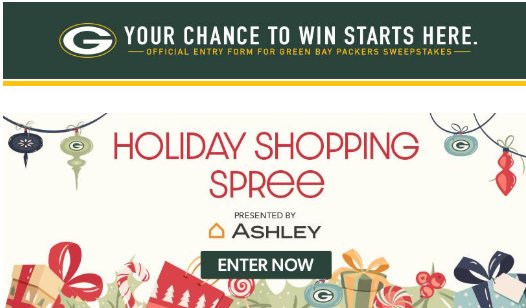 Green Bay Packers Holiday Shopping Spree Sweepstakes – Win $2,000 Ashley Furniture Credit & More (4 Winners)