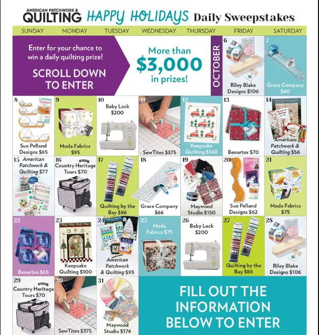 Happy Holidays Daily Sweepstakes – 1 Quilting Prize Every day (26 Winners)