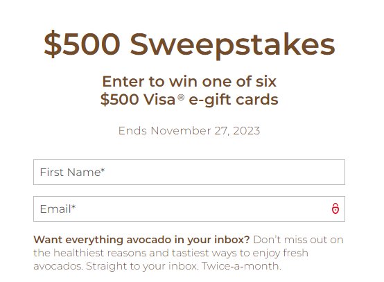 Hass Avocado Board  Avocado and Pumpkin Sweepstakes - $500 VISA Gift Card, 6 Winners