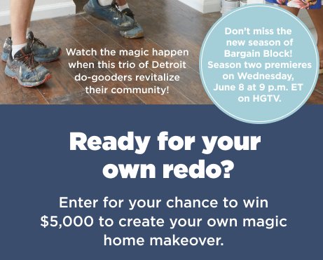 HGTV Magazine The Bargain Block Sweepstakes - Win $5,000 For A Home Makeover