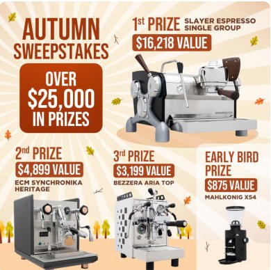 iDrinkCoffee.com Annual Autumn Sweepstakes – Win A Slayer Espresso Single Group & More