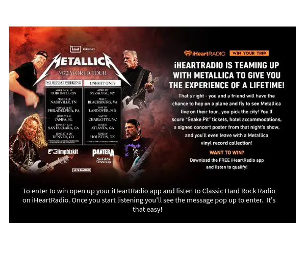 IHeartRadio National Flyaway with Metallica Sweepstakes - Win A Trip For 2 To See Metallica Live