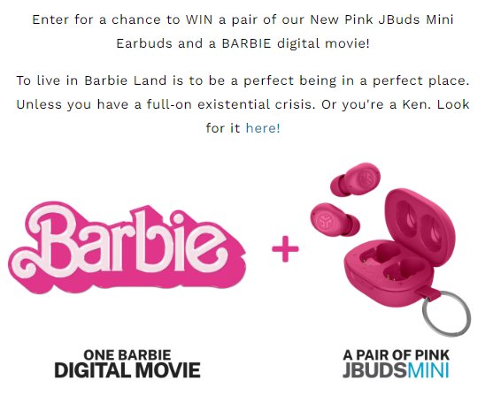 JLab’s Barbie Movie Sweepstakes - Win  Pink JLab Mini Earbuds + Latest Barbie Movie