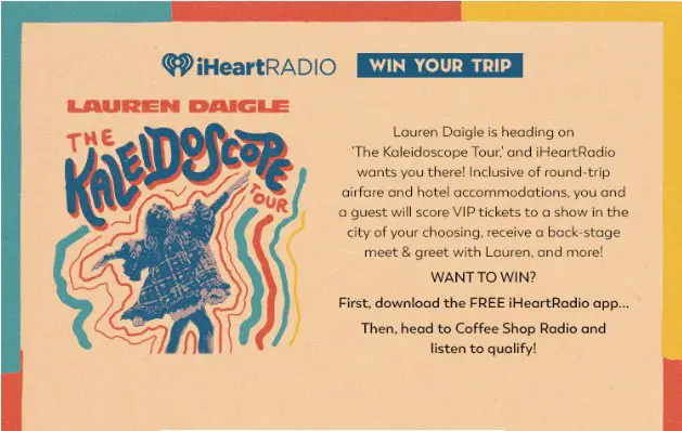 Lauren Daigle iHeartRadio National Flyaway Sweepstakes - Win 2 VIP Tickets To See Lauren Daigle On The Kaleidoscope Tour