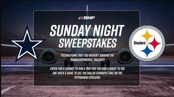 NBC Sunday Night Sweepstakes – Win A 2-Night Trip For 2 To See The Pittsburgh Steelers vs The Dallas Cowboys In Pittsburgh