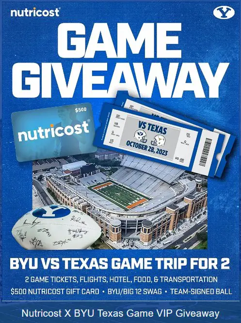 Nutricost X BYU Texas Game Sweepstakes – Win A BYU Vs Texas Game Trip For 2, $500 Gift Card & More