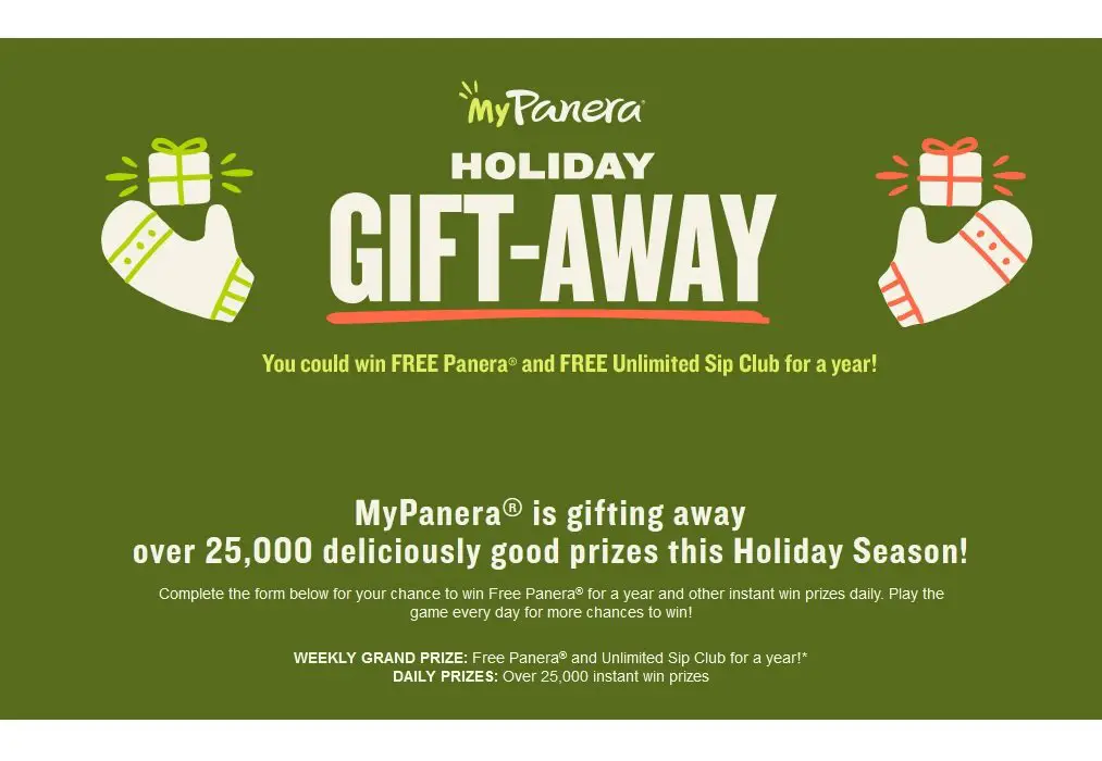 Panera Bread Sweepstakes -  Win Panera Gift Cards & Unlimited Sip Club Membership In The MyPanera Holiday Gift-Away Sweepstakes