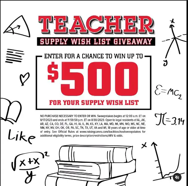 Raising Cane’s Back-To-School Sweepstakes -  Win $500 Shopping Credit (50 Winners)