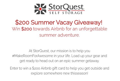 StorQuest Summer Vacay Sweepstakes - Win A $200 Airbnb Gift Card