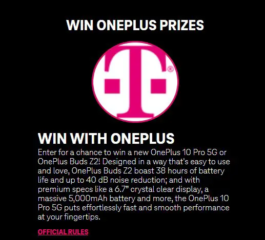 T-Mobile Tuesdays Sweepstakes - Win A OnePlus 10 Pro 5G Smartphone And More