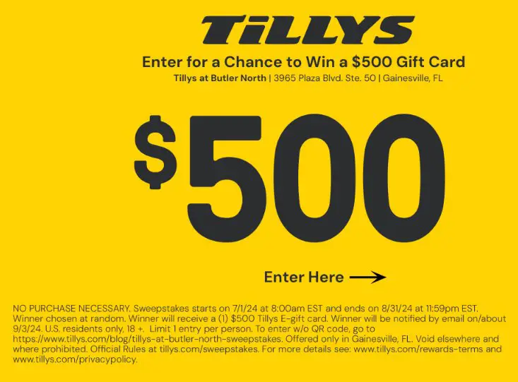 Tillys at Butler North $500 Sweepstakes - Win A $500 Gift Card