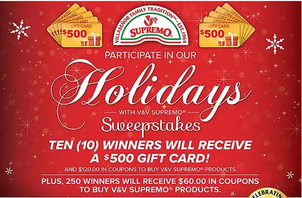 V&V Supremo Foods 2024 Holidays With Supremo Sweepstakes – Win $500 Cash, Coupons & More (260 Winners)