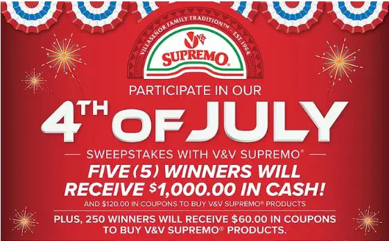VV Supremo 4th Of July Sweepstakes – Win $1,000 Cash Or Free Coupons To Purchase V&V Supremo Food Products (255 Winners)