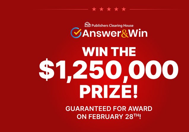 Win $1,250,000 Cash In The PCH Answer & Win Survey Sweepstakes