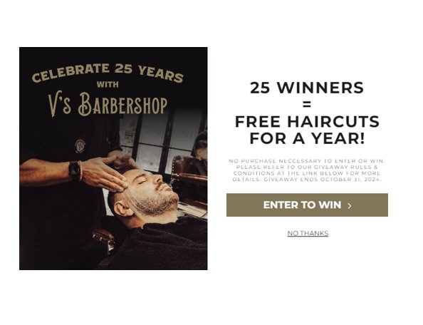 Win Free Haircuts For A Year In The V's Barbershop 25th Anniversary Giveaway {25 Winners}